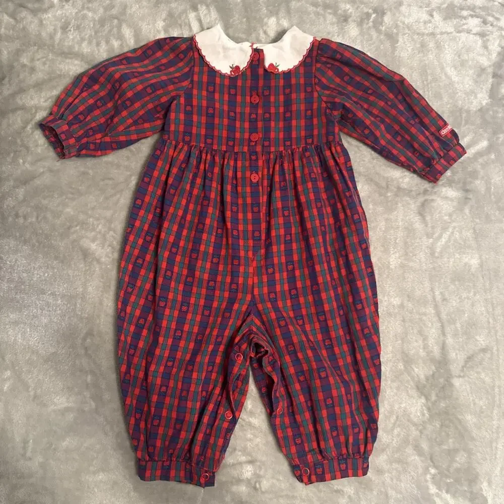 1990's Vtg OshKosh B'gosh 90s Baby Apple Plaid Peter Pan Collar Bubble 12M USA